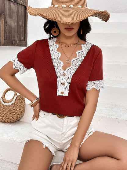 Lace Detail V-Neck Short Sleeve T-Shirt-Angel Casuals