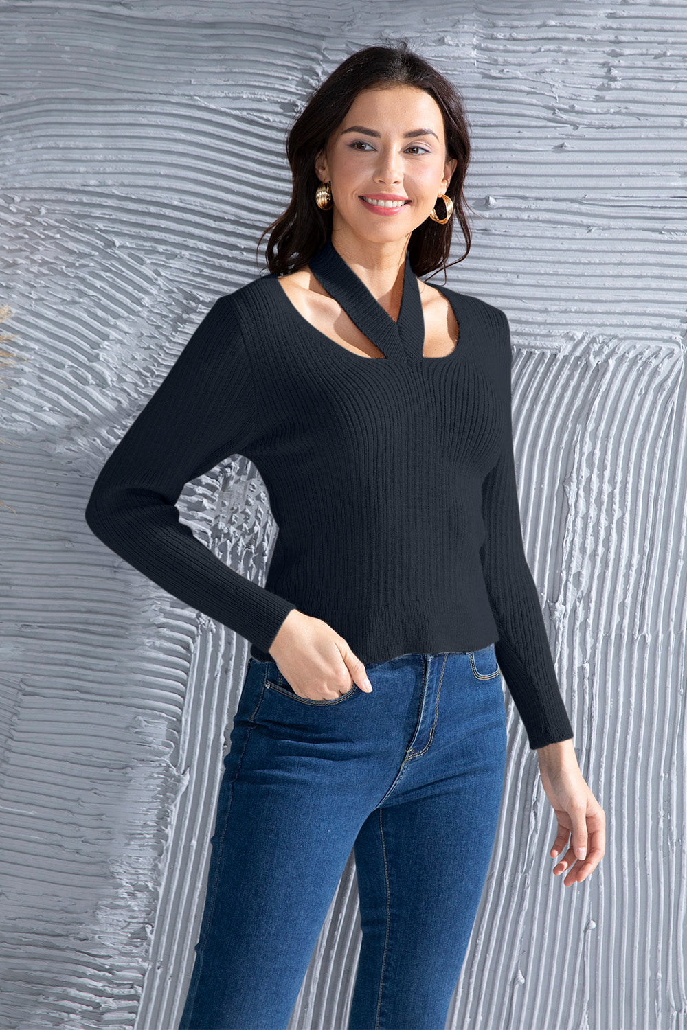 Halter Neck Long Sleeve Sweater-Angel Casuals