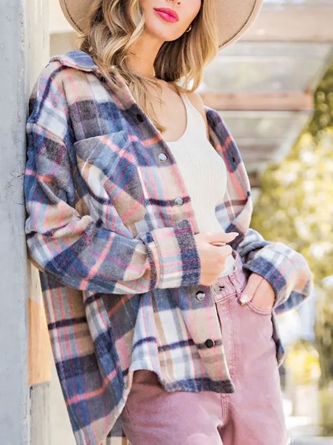 Snap Up Plaid Collared Neck Jacket with Pocket-Angel Casuals