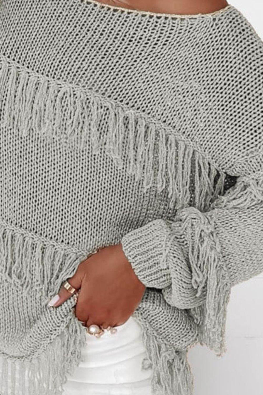 Fringe Boat Neck Long Sleeve Sweater-Angel Casuals
