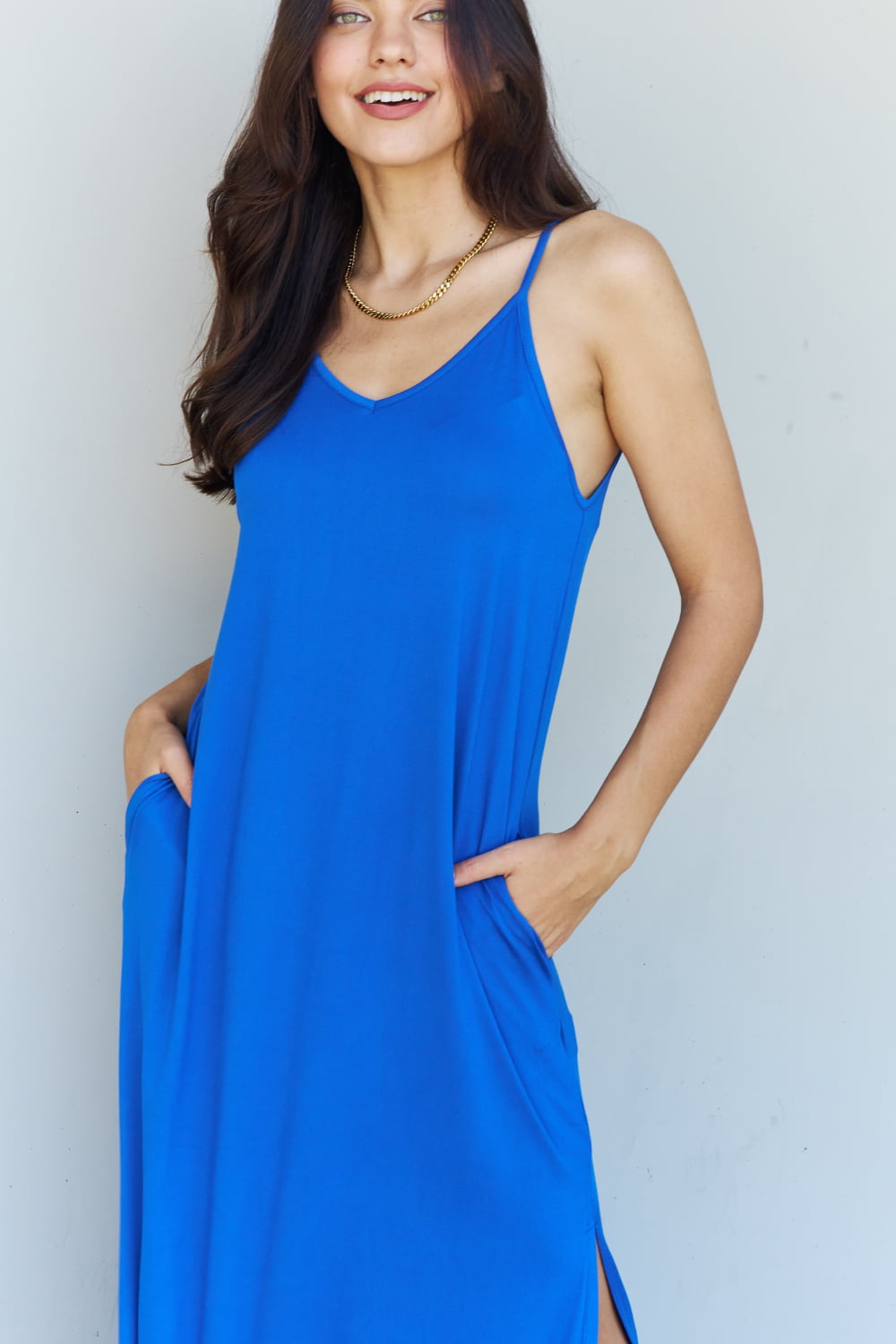 Ninexis Good Energy Full Size Cami Side Slit Maxi Dress in Royal Blue-Angel Casuals