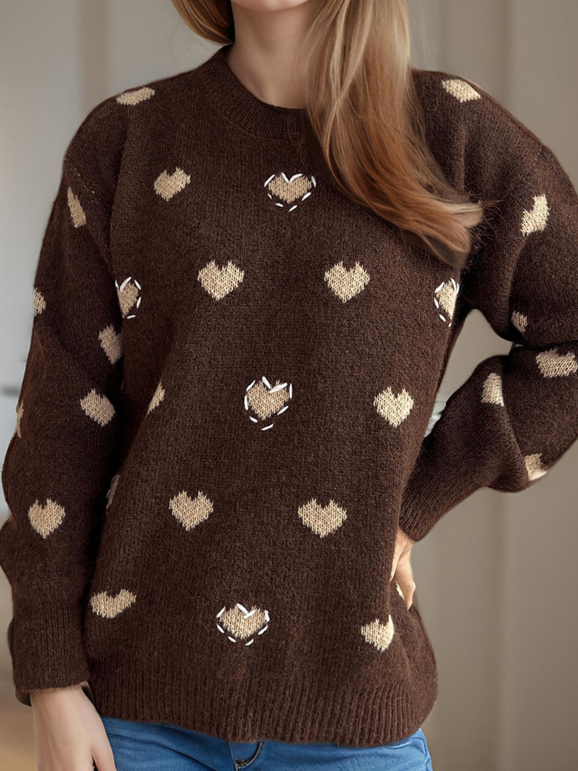 Heart Round Neck Long Sleeve Sweater-Angel Casuals