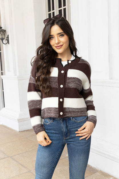Striped Button Up Long Sleeve Cardigan-Angel Casuals