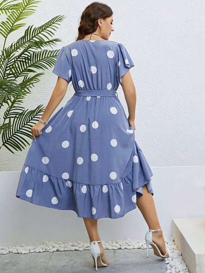 Polka Dot Belted Flutter Sleeve Ruffle Hem Dress-Angel Casuals