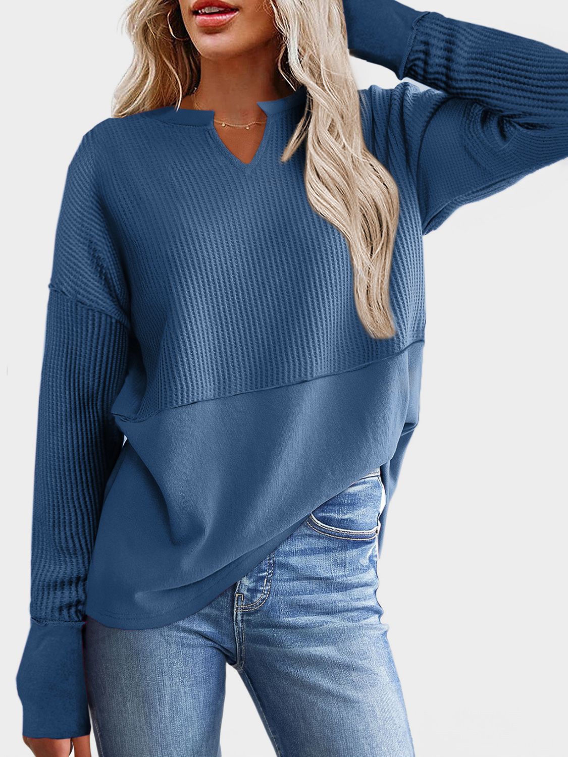 Waffle-Knit Notched Long Sleeve T-Shirt-Angel Casuals