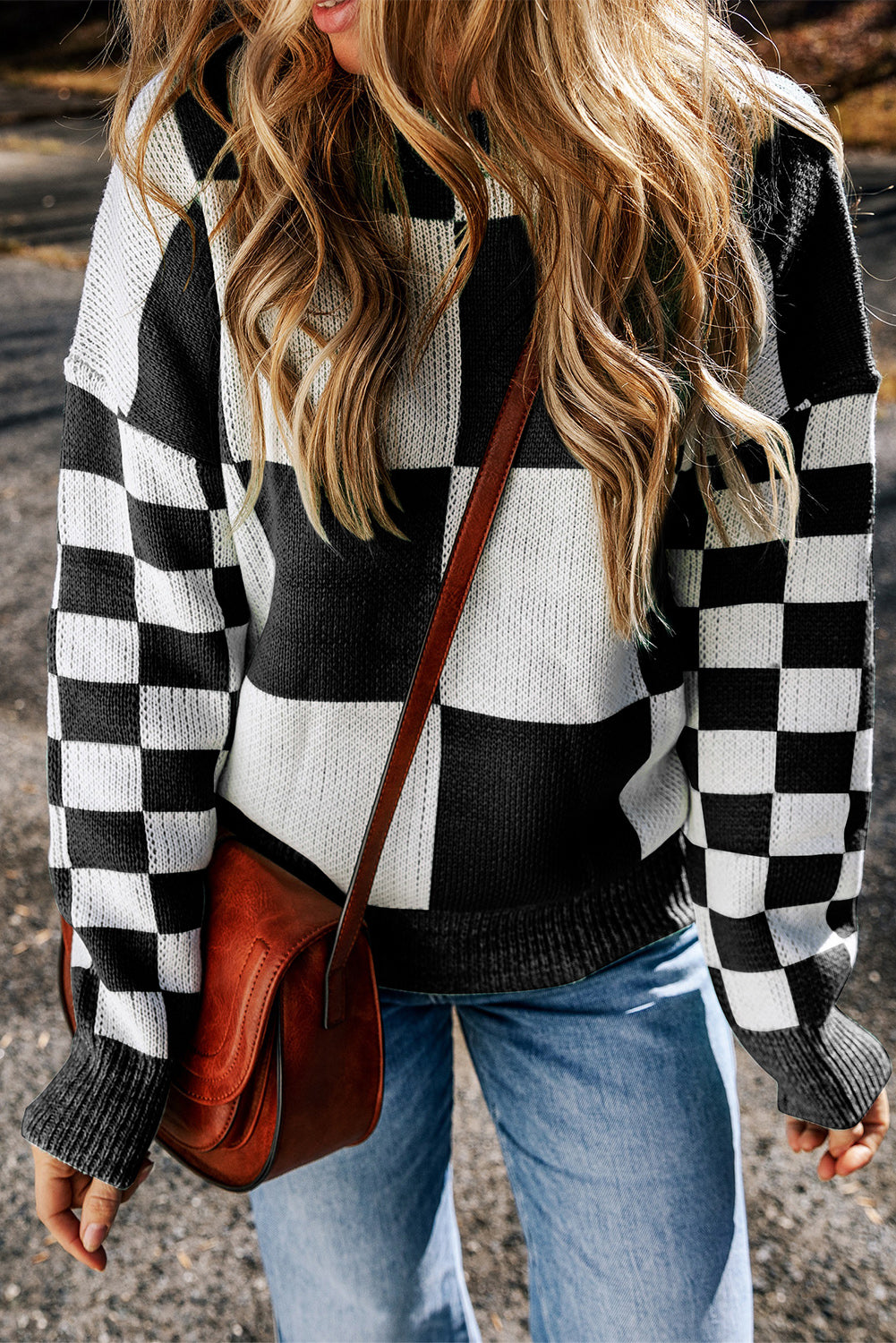 Checkered Round Neck Drop Shoulder Sweater-Angel Casuals