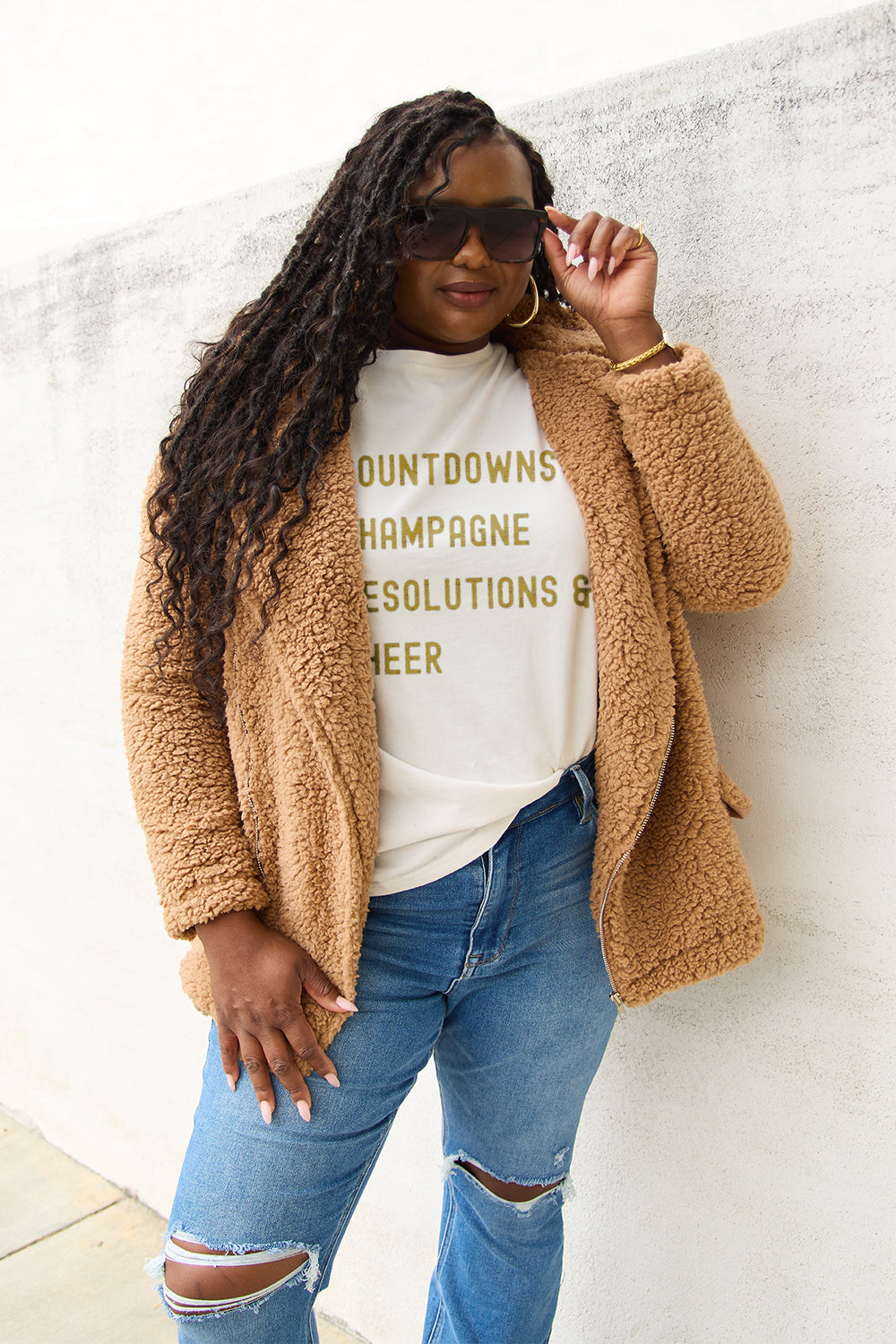 Simply Love Full Size COUNTDOWNS CHAMPAGNE RESOLUTIONS & CHEER Round Neck T-Shirt-Angel Casuals