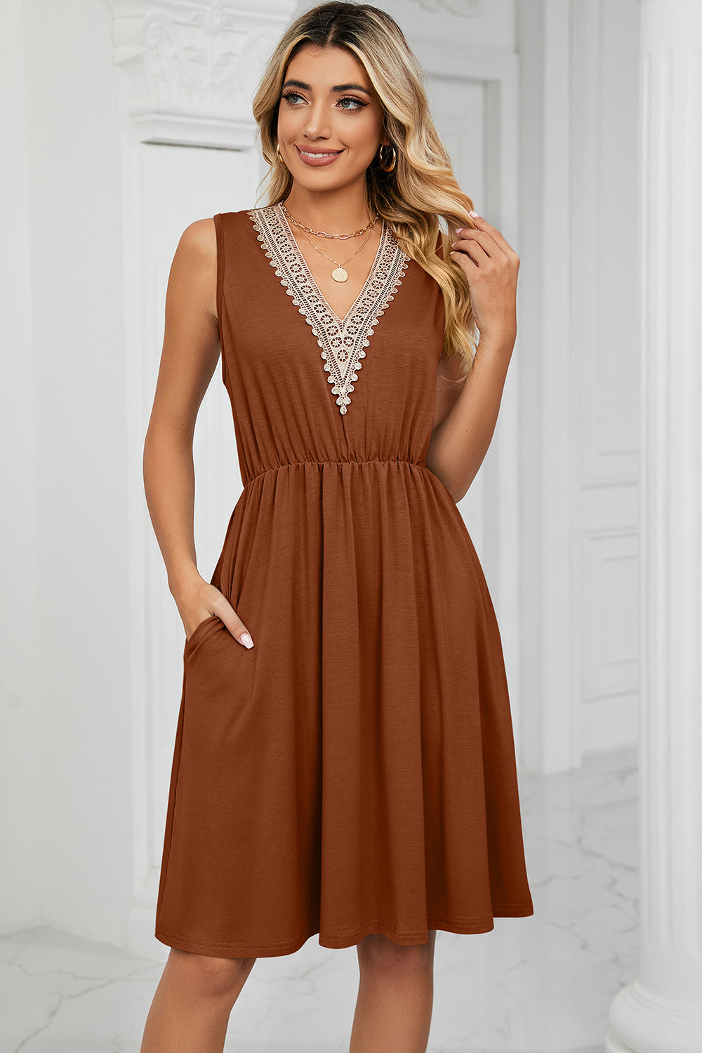 Pocketed V-Neck Wide Strap Dress-Angel Casuals