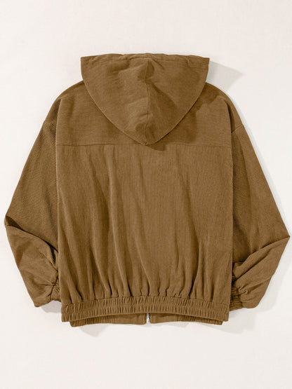 Drawstring Zip Up Long Sleeve Hooded Jacket-Angel Casuals