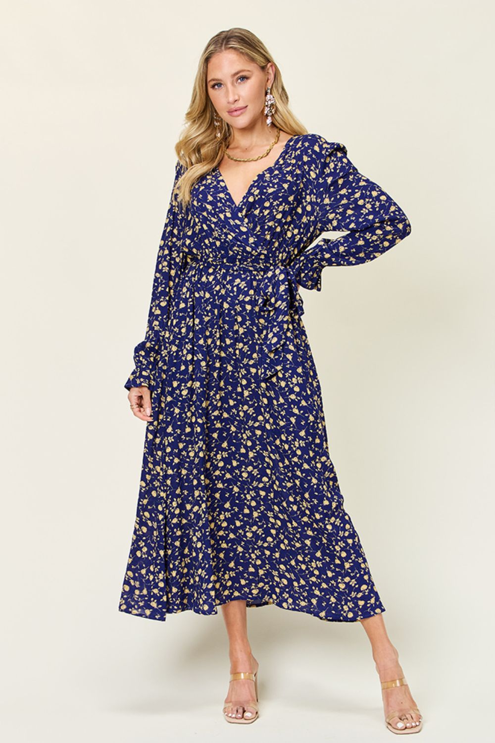 Double Take Full Size Tie Back Flounce Sleeve Dress-Angel Casuals