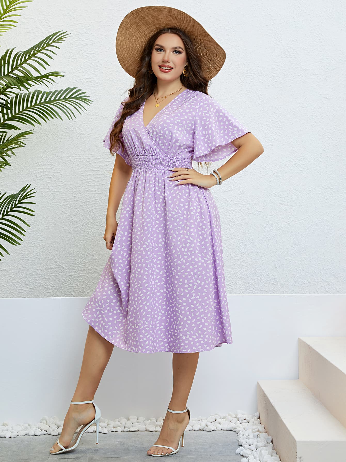 Plus Size Printed Smocked Waist Surplice Dress-Angel Casuals