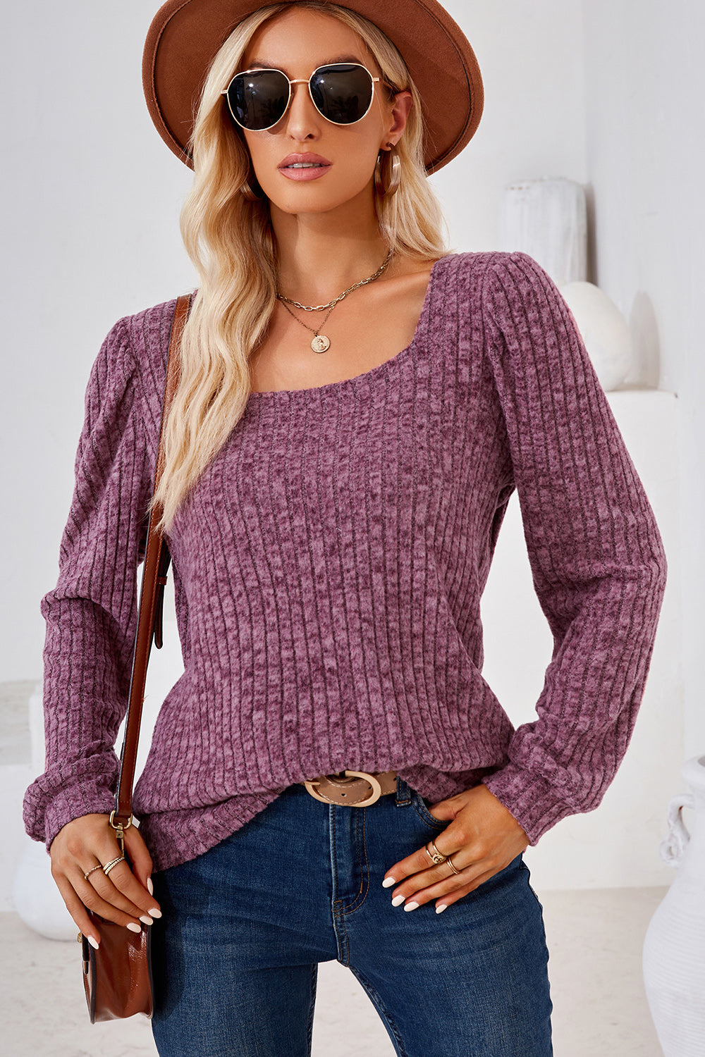 Ribbed Square Neck Long Sleeve T-Shirt-Angel Casuals