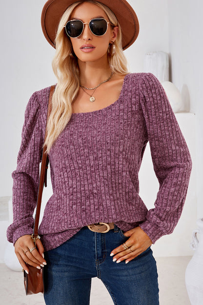 Ribbed Square Neck Long Sleeve T-Shirt-Angel Casuals