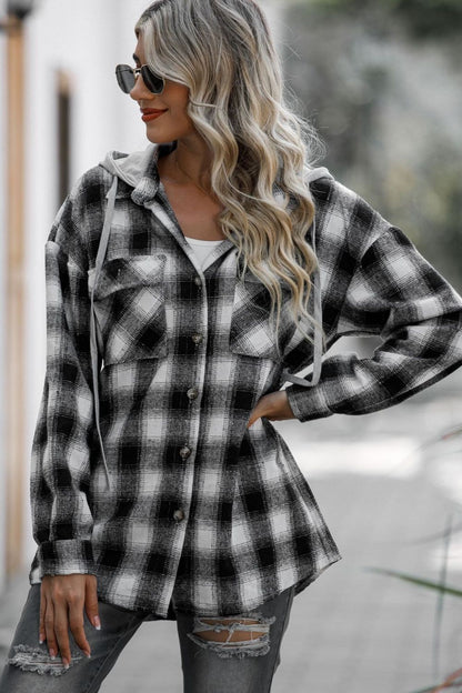 Double Take Drawstring Plaid Long Sleeve Hooded Shacket-Angel Casuals