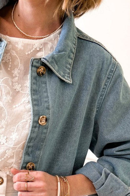 Pocketed Button Up Long Sleeve Denim Jacket-Angel Casuals