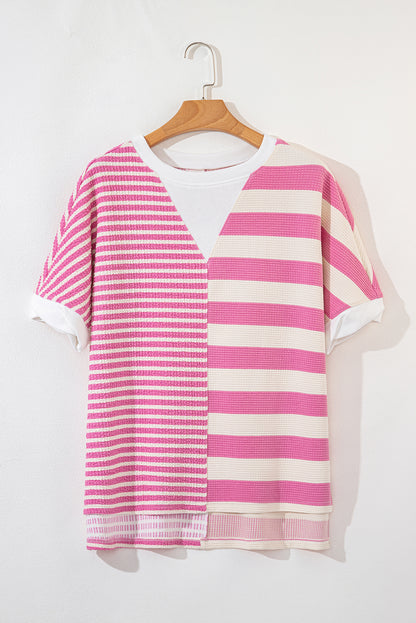 High-Low Striped Round Neck Short Sleeve T-Shirt-Angel Casuals