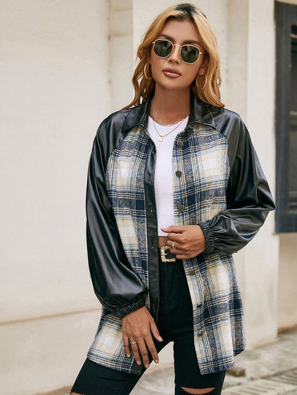 Plaid Button Down Raglan Sleeve Jacket-Angel Casuals