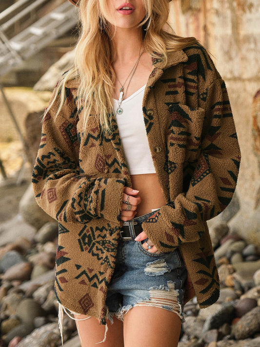 Geometric Button Up Long Sleeve Sherpa Jacket-Angel Casuals