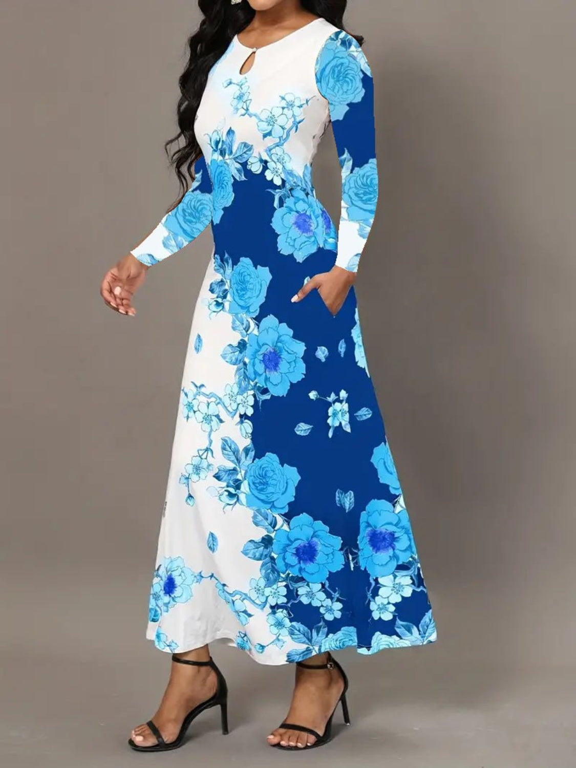 Pocketed Printed Long Sleeve Dress-Angel Casuals