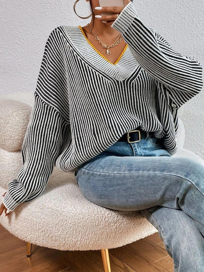 Striped V-Neck Long Sleeve Sweater-Angel Casuals