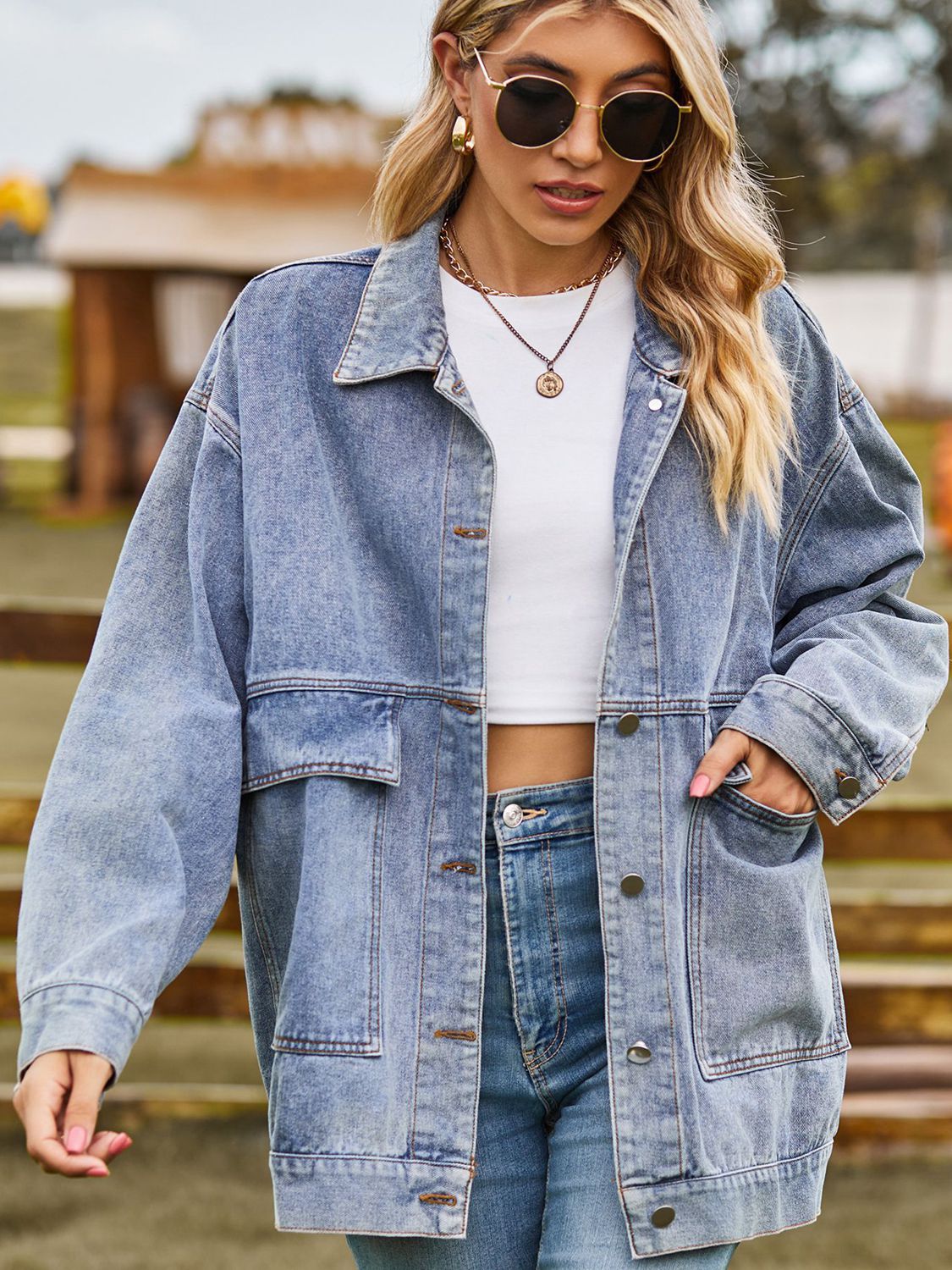 Dropped Shoulder Denim Jacket with Pockets-Angel Casuals