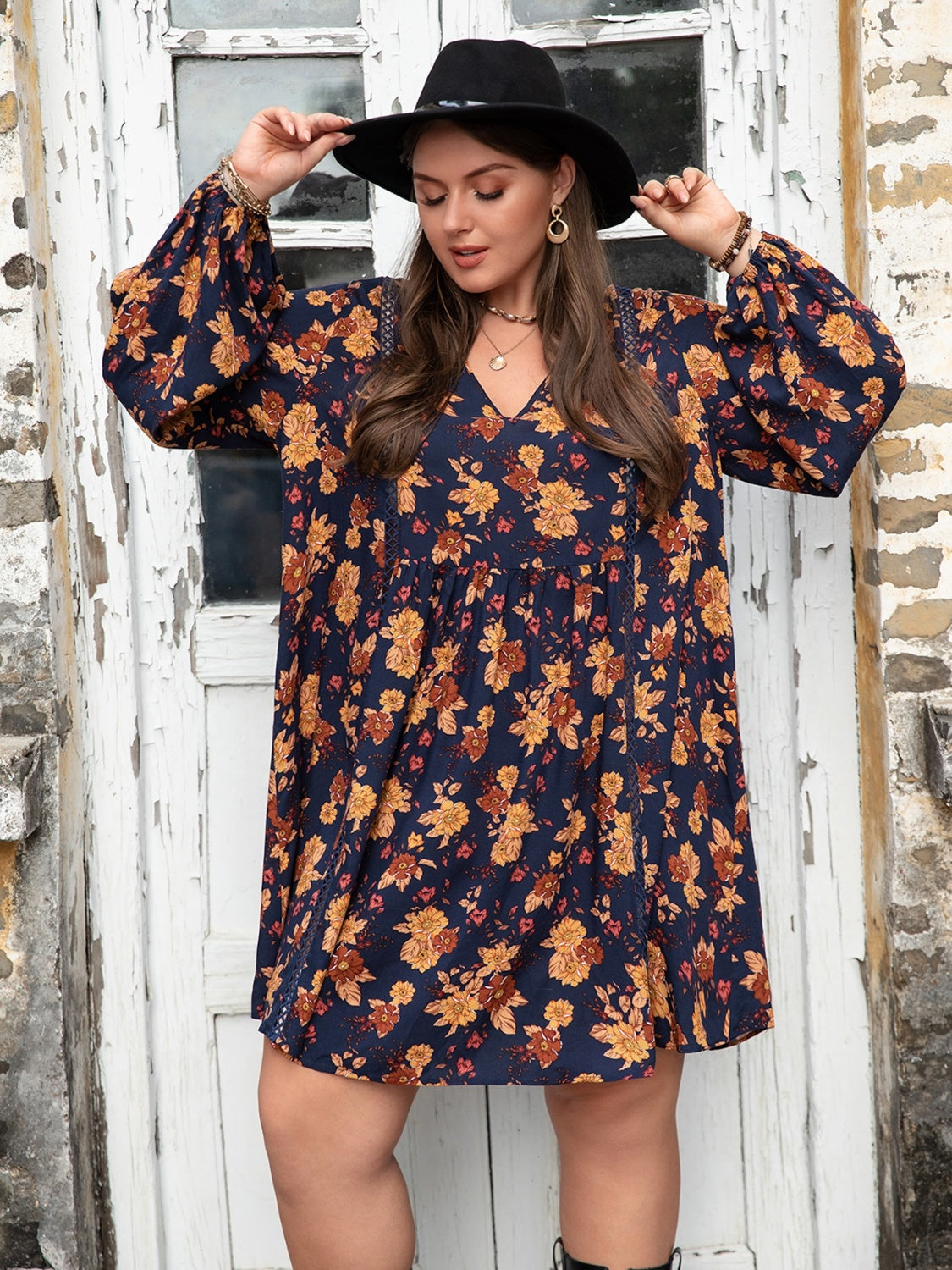 Plus Size Floral V-Neck Balloon Sleeve Dress-Angel Casuals