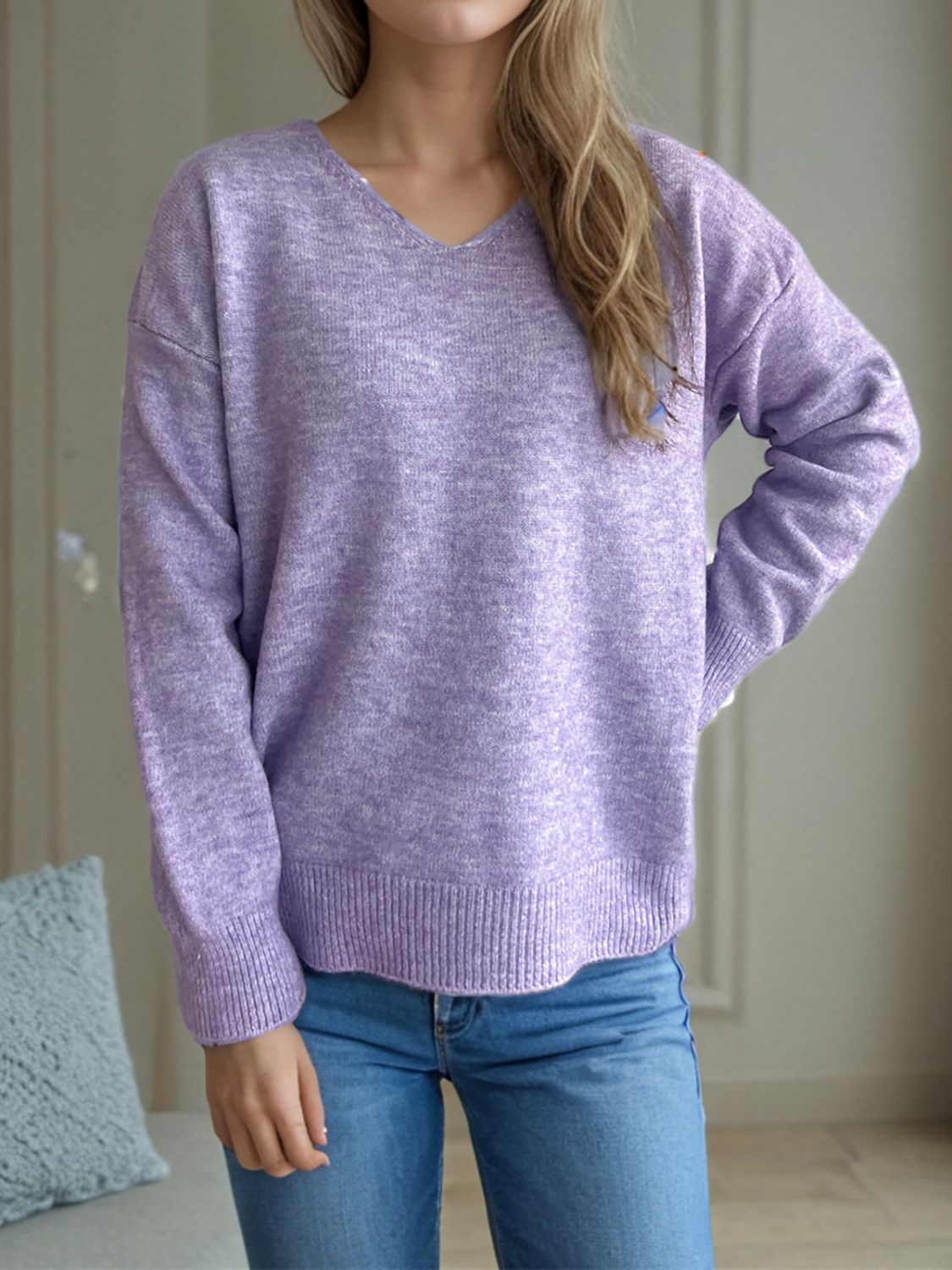 V-Neck Dropped Shoulder Long Sleeve Sweater-Angel Casuals