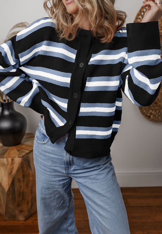 Striped Button Down Long Sleeve Cardigan-Angel Casuals