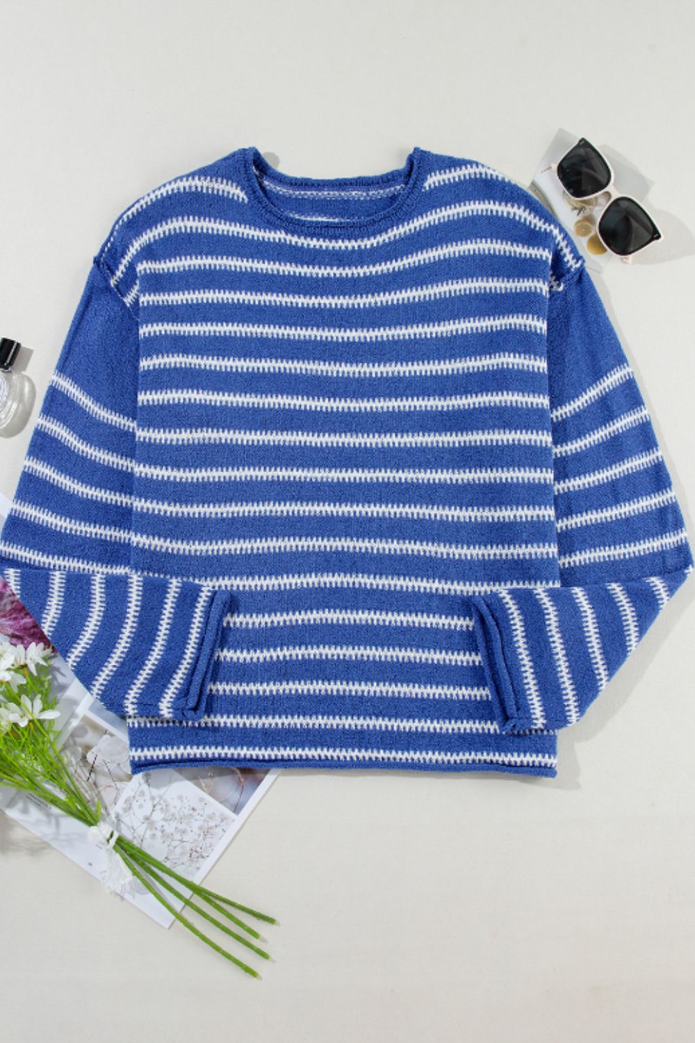 Striped Round Neck Dropped Shoulder Sweater-Angel Casuals