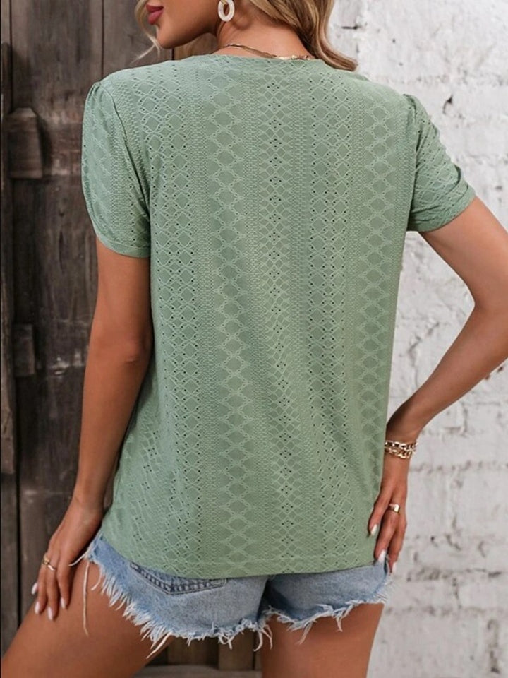 Eyelet V-Neck Petal Sleeve T-Shirt-Angel Casuals
