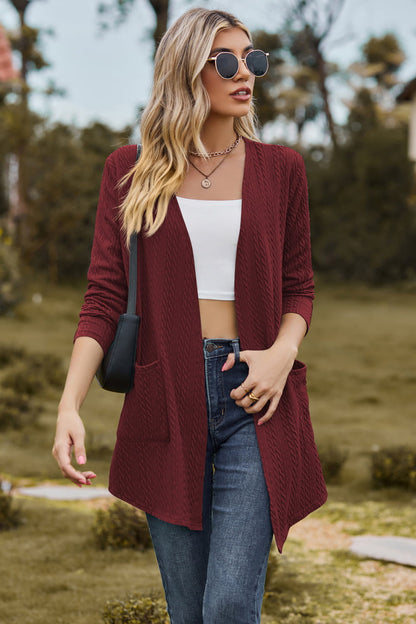 Cable-Knit Long Sleeve Cardigan with Pocket-Angel Casuals