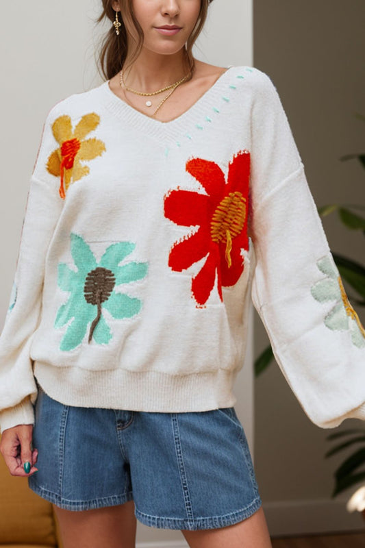 Flower V-Neck Dropped Shoulder Sweater-Angel Casuals