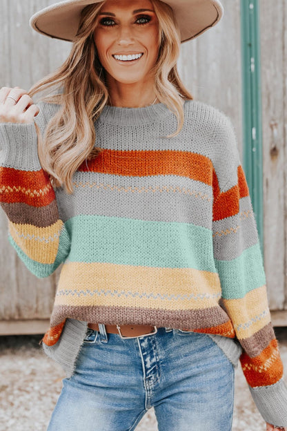 Color Block Round Neck Dropped Shoulder Sweater-Angel Casuals