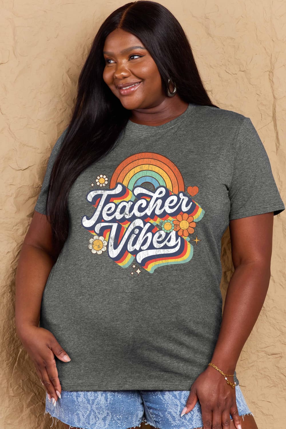 Simply Love Full Size TEACHER VIBES Graphic Cotton T-Shirt-Angel Casuals