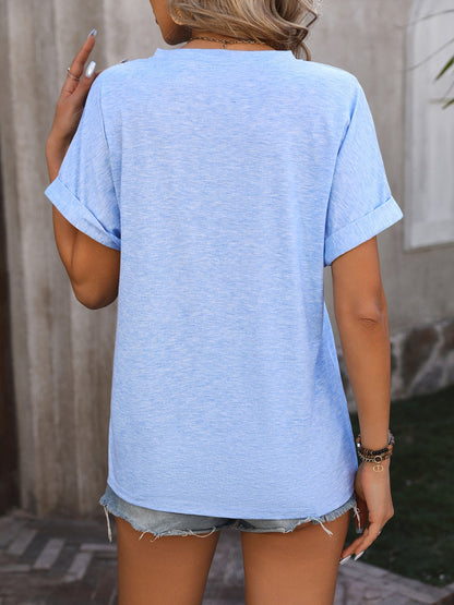 Notched Buttoned Short Sleeve T-Shirt-Angel Casuals