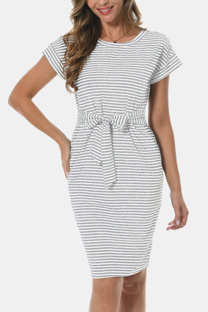 Tie Front Round Neck Short Sleeve Dress-Angel Casuals