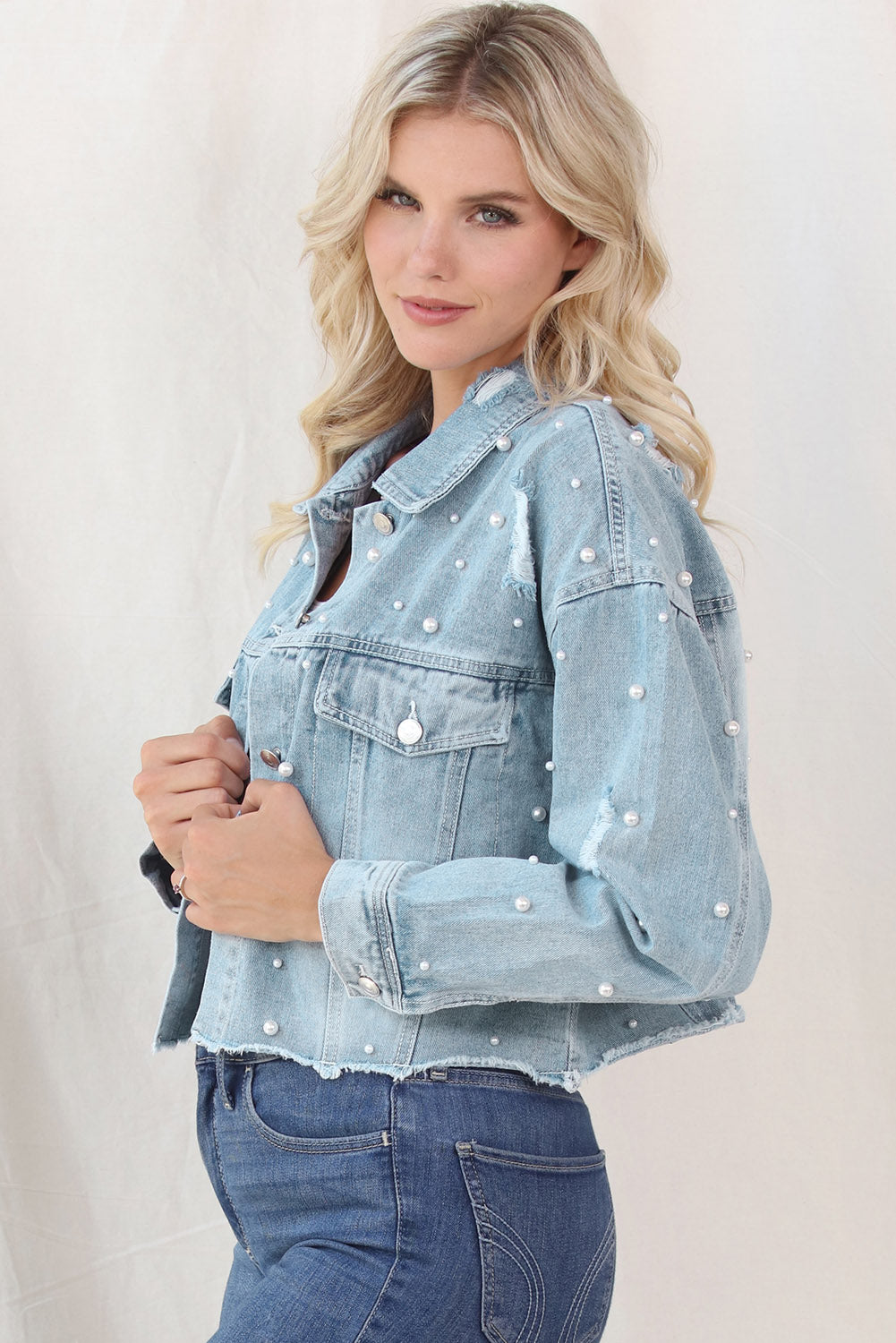 Distressed Pearl Trim Button Up Denim Jacket-Angel Casuals