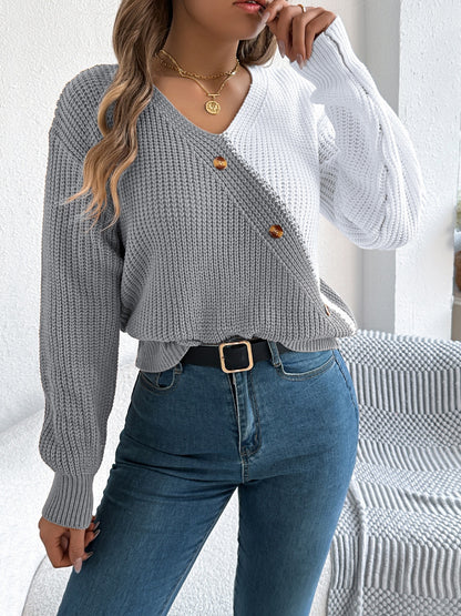 Two-Tone V-Neck Long Sleeve Sweater-Angel Casuals