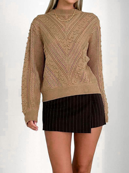 Perfee Openwork Round Neck Long Sleeve Sweater-Angel Casuals
