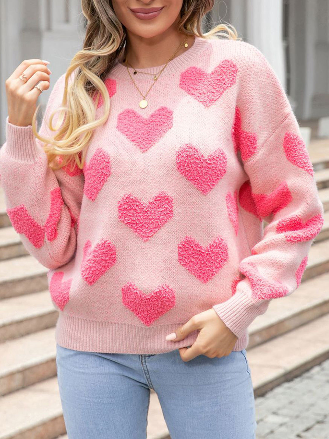 Heart Round Neck Dropped Shoulder Sweater-Angel Casuals