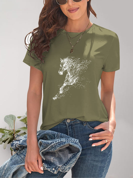 Horse Round Neck Short Sleeve T-Shirt-Angel Casuals