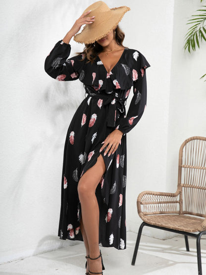 Printed Tie Front Ruffle Trim Long Sleeve Dress-Angel Casuals