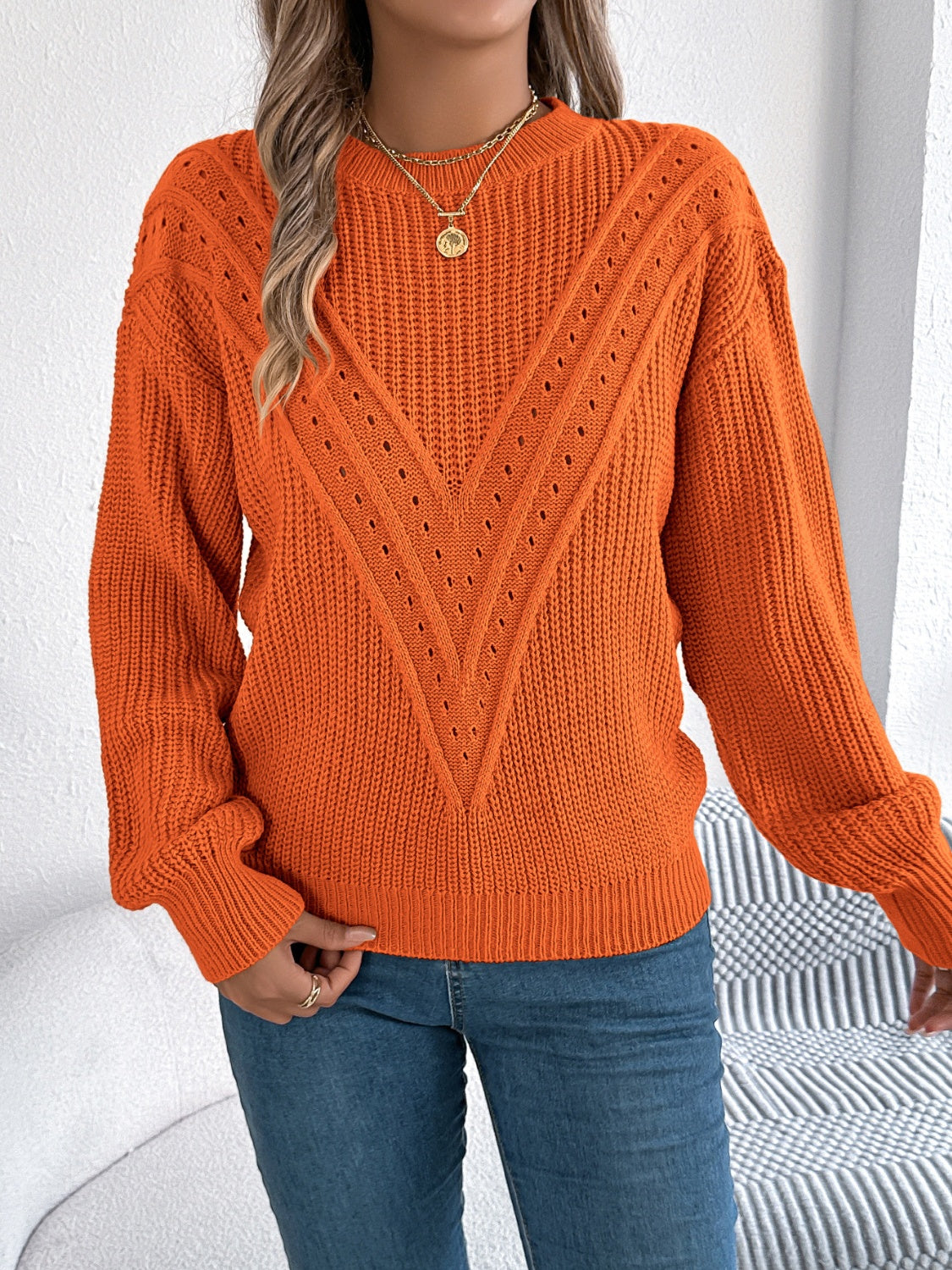 Openwork Round Neck Long Sleeve Sweater-Angel Casuals