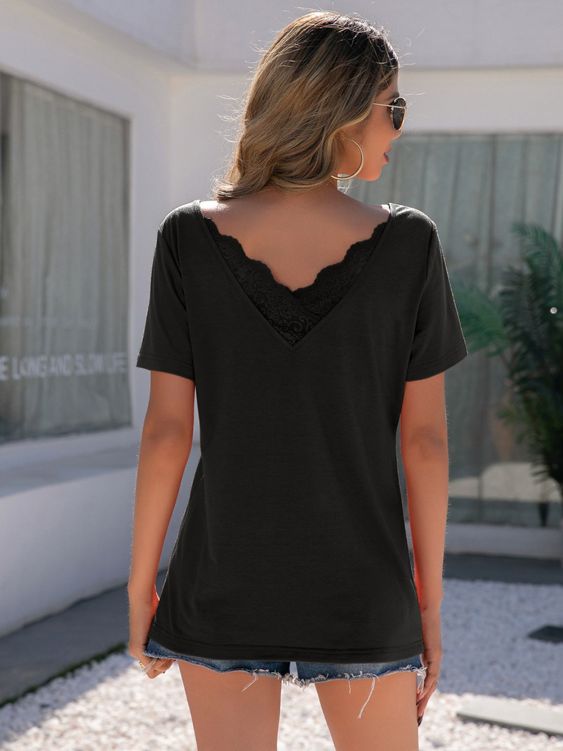 Lace Detail V-Neck Short Sleeve T-Shirt-Angel Casuals