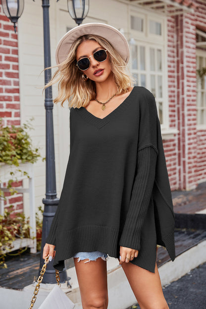 Slit V-Neck Dropped Shoulder Sweater-Angel Casuals