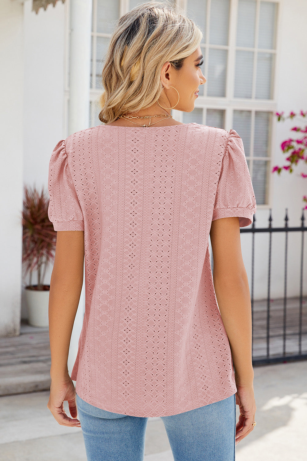 Eyelet Puff Sleeve T-Shirt-Angel Casuals