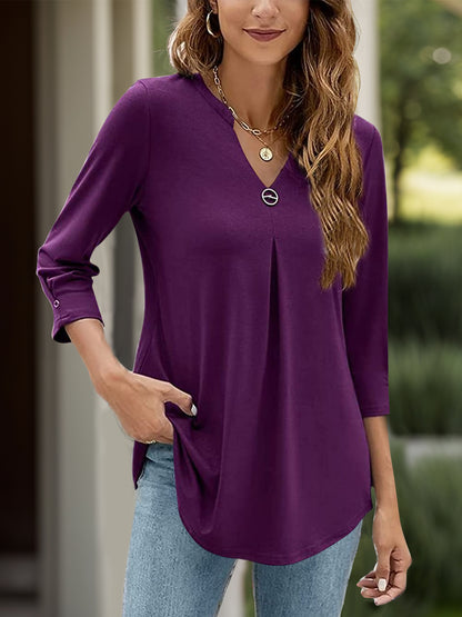 Notched Three-Quarter Sleeve T-Shirt-Angel Casuals