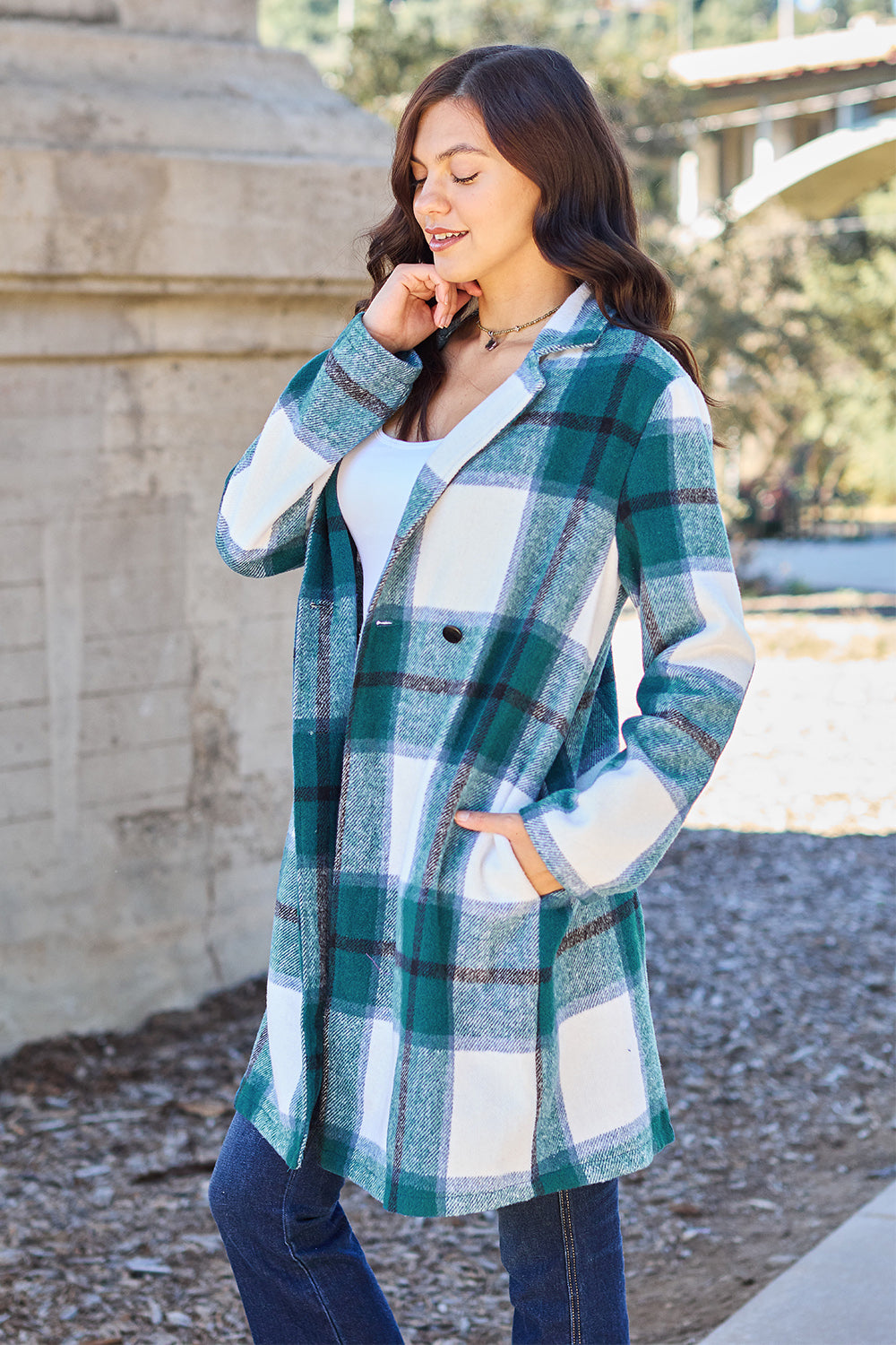 Double Take Full Size Plaid Button Up Lapel Collar Coat-Angel Casuals