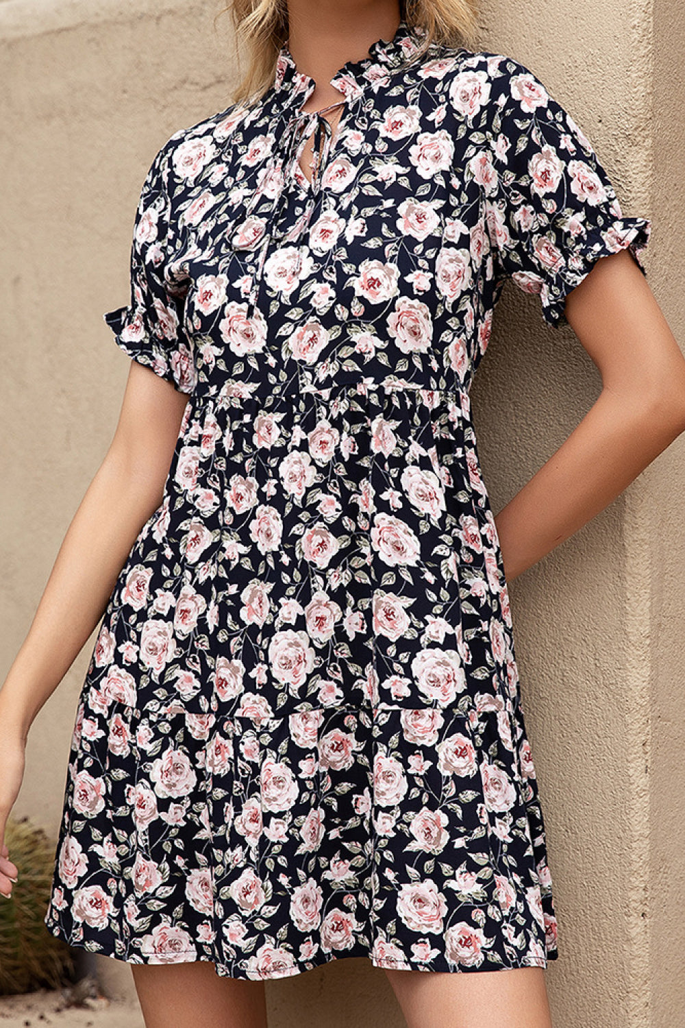 Floral Ruffle Trim Tie-Neck Dress-Angel Casuals