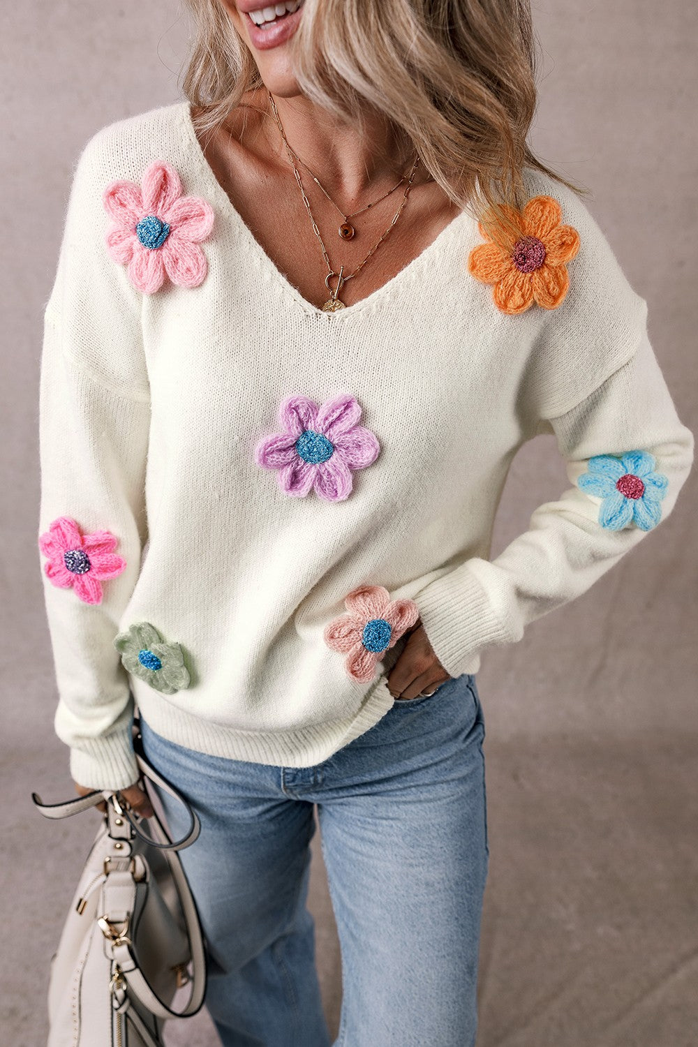 Crochet Flower V-Neck Long Sleeve Sweater-Angel Casuals